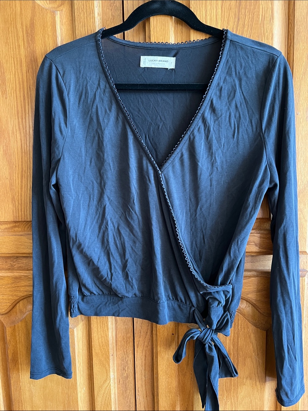 Lucky Brand Black Wrap Tie Long Sleeve Top with Side Bow